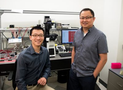 Sai Ma (left), a biomedical engineering and mechanics graduate student and first author of the paper and Chang Lu, the Fred W. Bull professor of chemical engineering, work in their Goodwin Hall lab on Virginia Tech's Blacksburg campus.