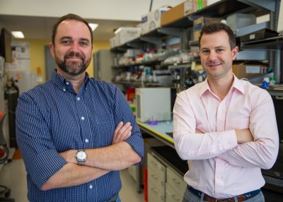 Picture of Scott Verbridge (left) in biomedical engineering and mechanics and Daniel Slade (right) in biochemistry. Photo by Spencer Roberts of Virginia Tech.
